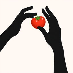 An illustration featuring the silhouette of two hands reaching out and touching a ripe, fresh tomato