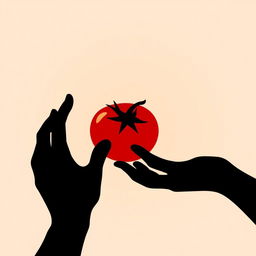 An illustration featuring the silhouette of two hands reaching out and touching a ripe, fresh tomato