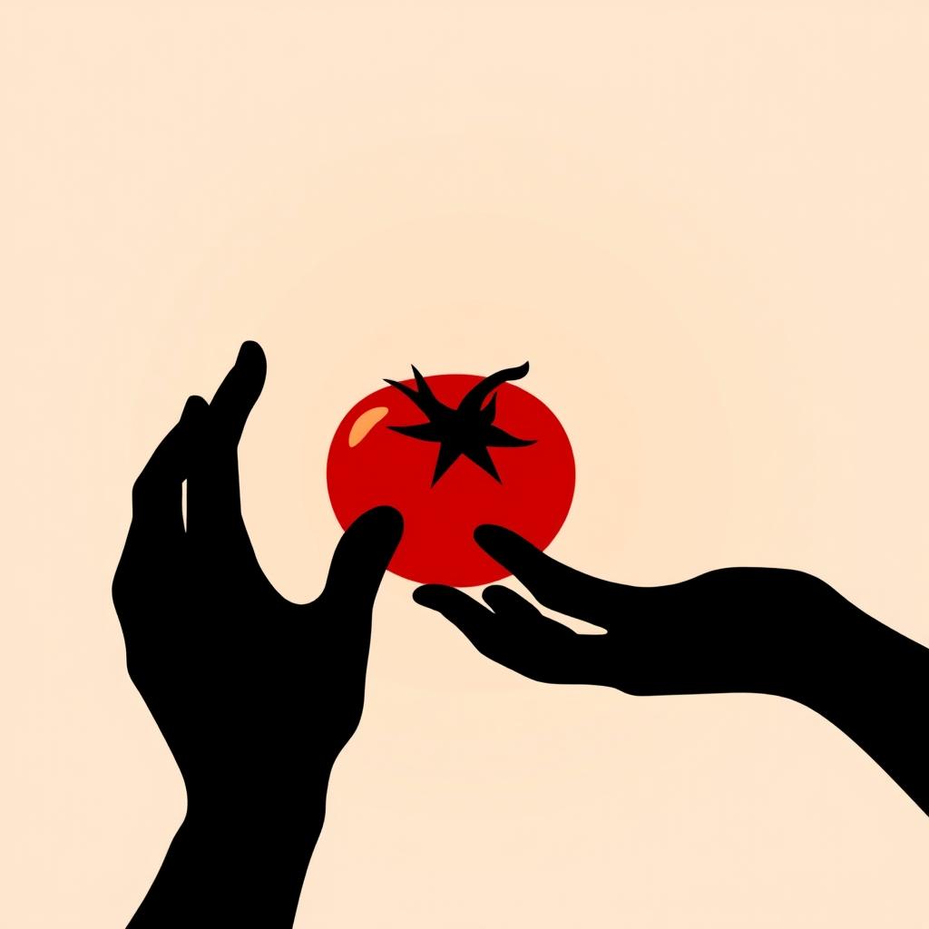 An illustration featuring the silhouette of two hands reaching out and touching a ripe, fresh tomato