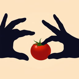 An illustration featuring the silhouette of two hands reaching out and touching a ripe, fresh tomato