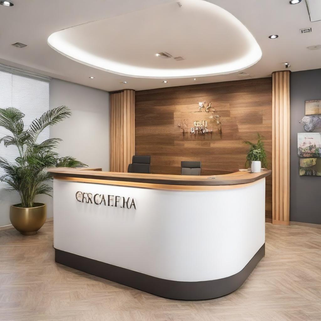 A spacious 100sqm travel agency reception desk, designed in a warm and inviting style, adorned with travel-themed decor and large welcoming seating areas.