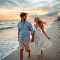 A romantic scene of a joyful couple walking hand-in-hand along a picturesque beach during sunset