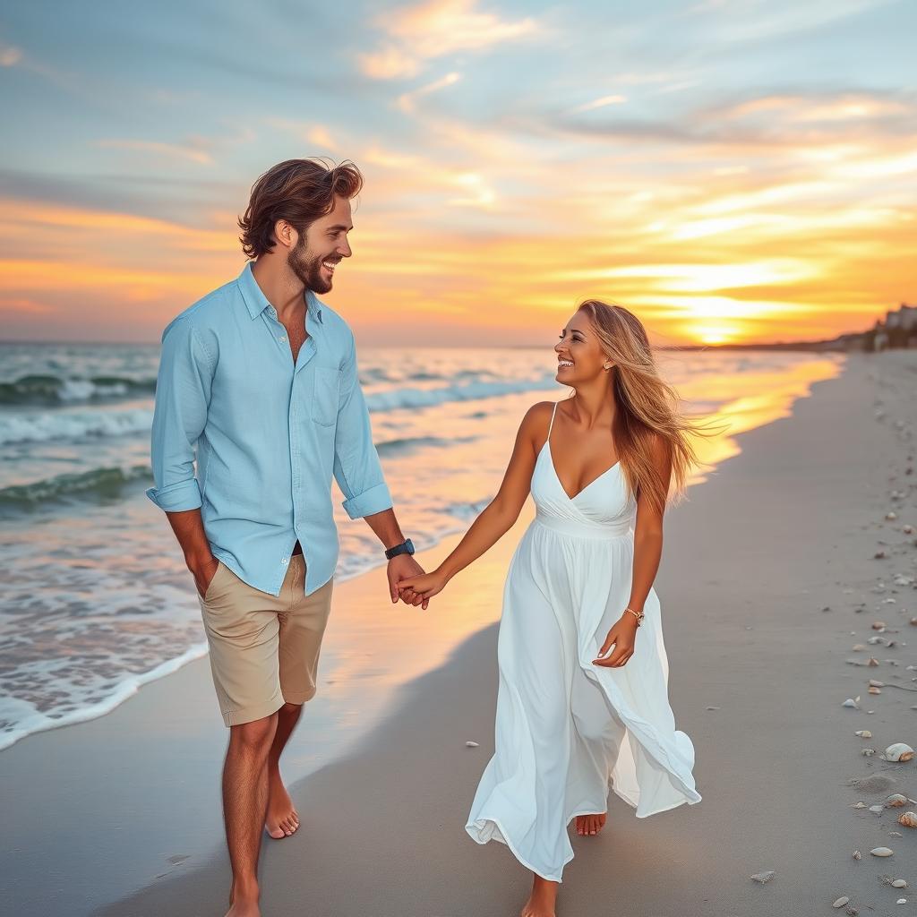 A romantic scene of a joyful couple walking hand-in-hand along a picturesque beach during sunset
