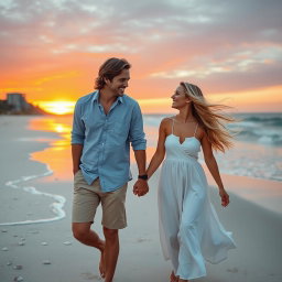 A romantic scene of a joyful couple walking hand-in-hand along a picturesque beach during sunset