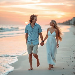 A romantic scene of a joyful couple walking hand-in-hand along a picturesque beach during sunset