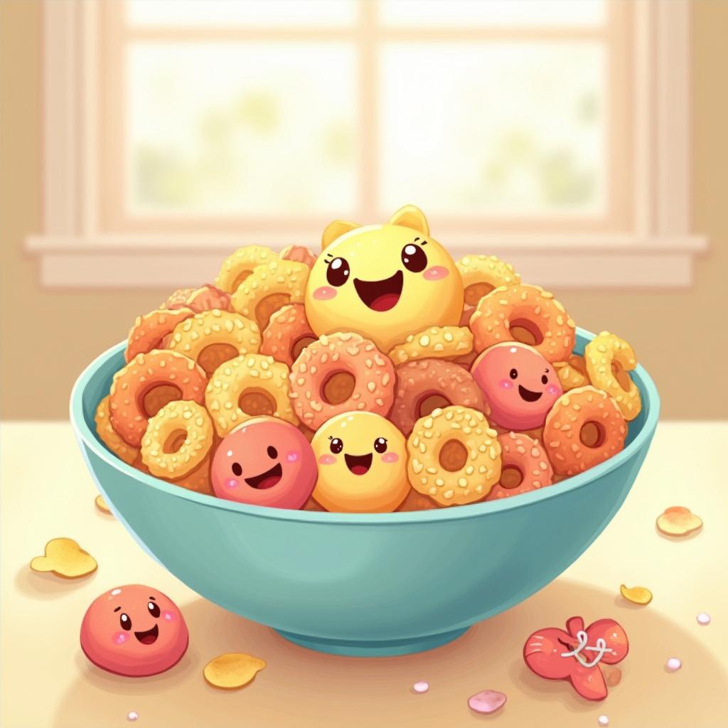 A charming illustration of cute breakfast cereals in a bowl, featuring vibrant colors and various shapes like rings, flakes, and puffs