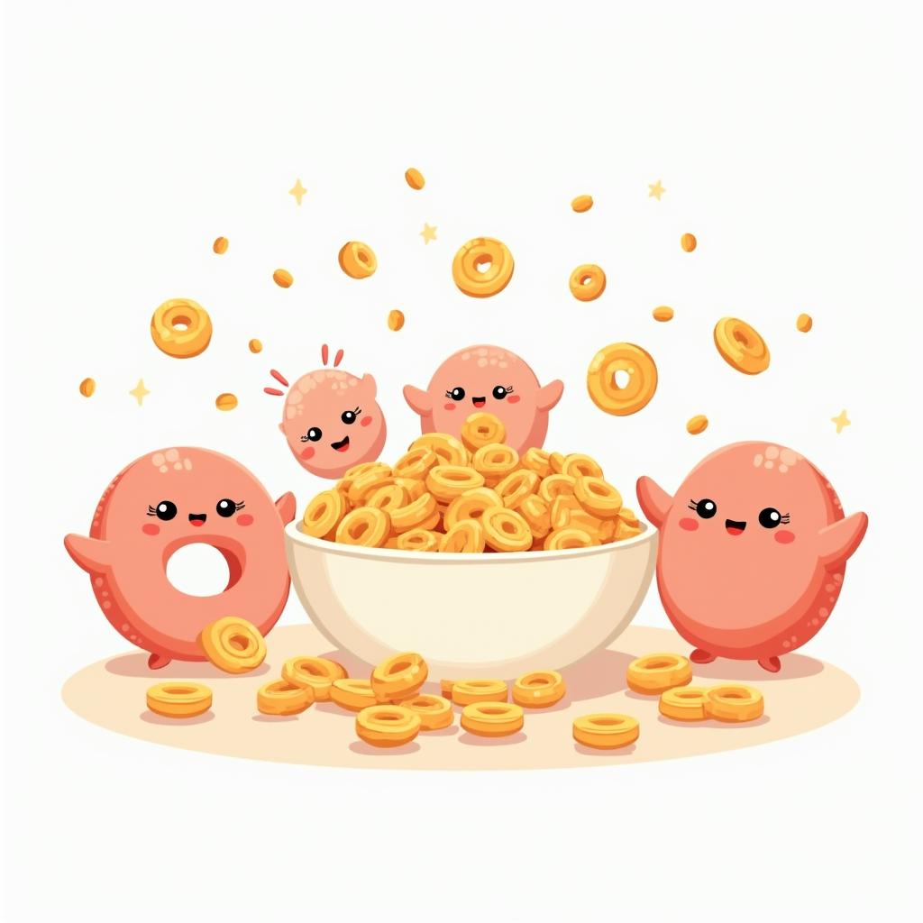 An illustration of adorable breakfast cereals, featuring a variety of shapes like rings, puffs, and squares, each with a soft pastel color