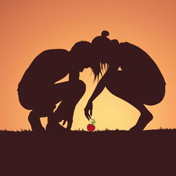 Silhouette of two people crouched down, reaching for the same tomato on the ground