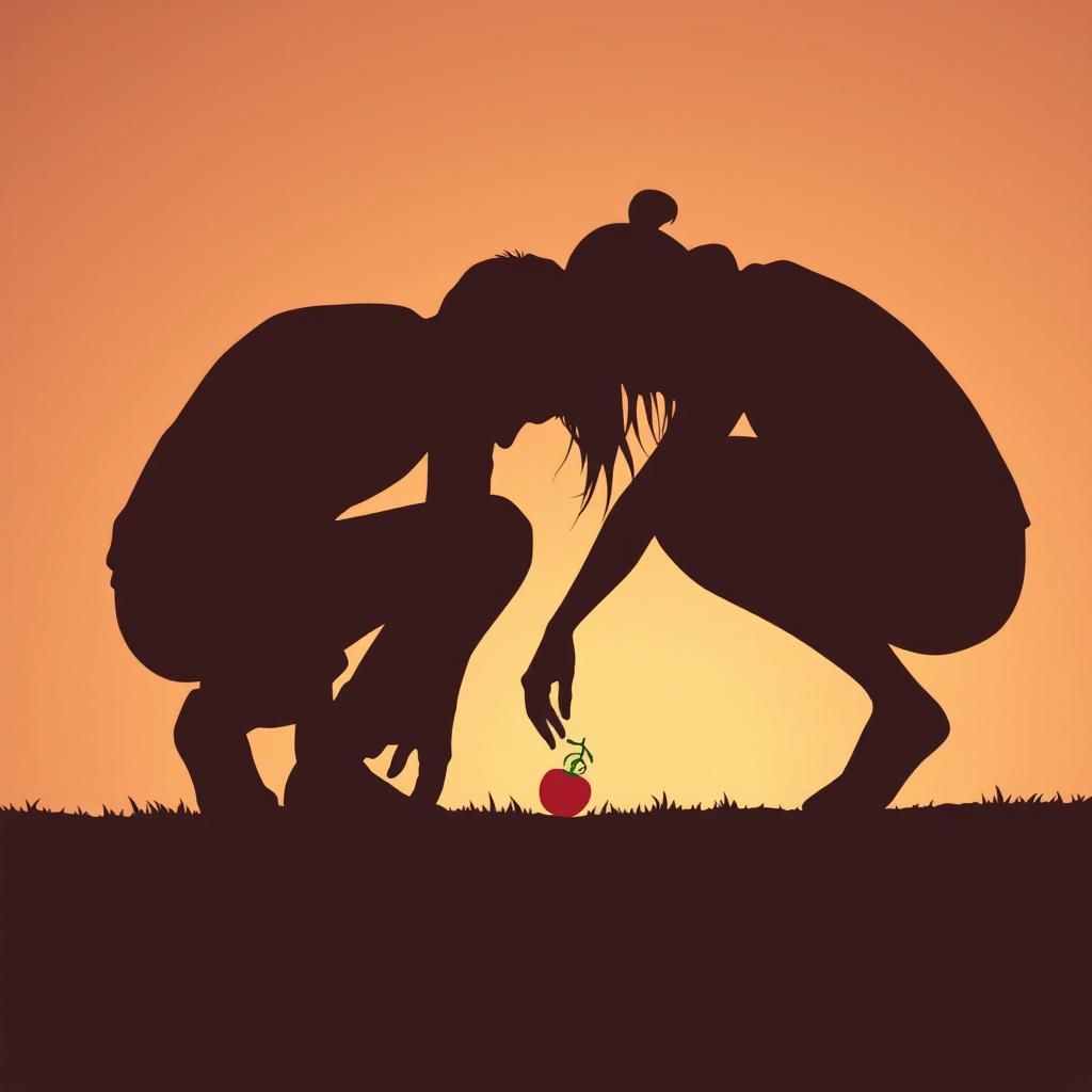 Silhouette of two people crouched down, reaching for the same tomato on the ground