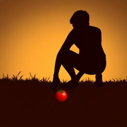 Silhouette of two people crouched down, reaching for the same tomato on the ground