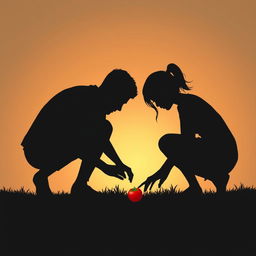 Silhouette of two people crouched down, reaching for the same tomato on the ground