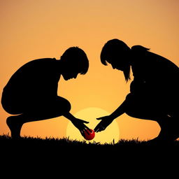 Silhouette of two people crouched down, reaching for the same tomato on the ground