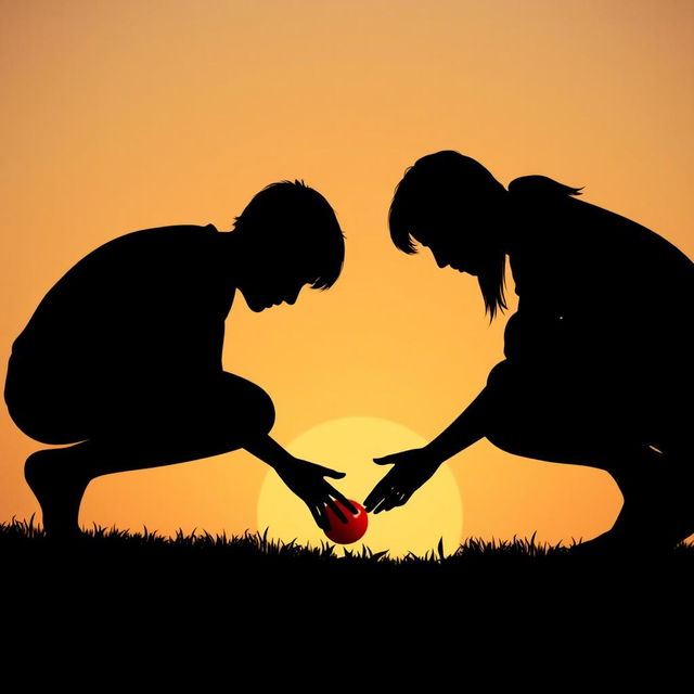 Silhouette of two people crouched down, reaching for the same tomato on the ground