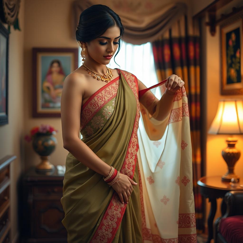 A graceful and elegant woman in a beautifully draped sari, showcasing intricate embroidery and vibrant colors