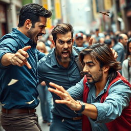 A dynamic scene capturing two men in an animated fight, showcasing intense expressions and dynamic movements