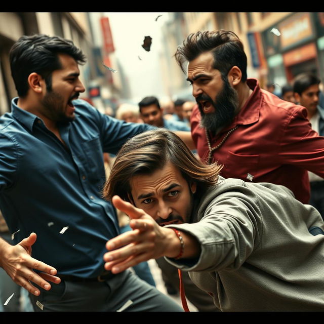 A dynamic scene capturing two men in an animated fight, showcasing intense expressions and dynamic movements