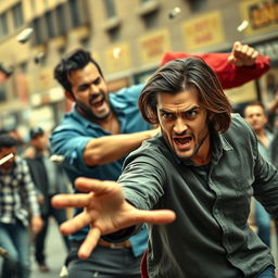A dynamic scene capturing two men in an animated fight, showcasing intense expressions and dynamic movements
