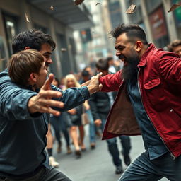 A dynamic scene capturing two men in an animated fight, showcasing intense expressions and dynamic movements