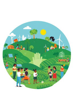 A visually engaging and informative illustration that symbolizes sustainable development, featuring a harmonious blend of social, economic, and educational elements