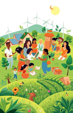 A visually engaging and informative illustration that symbolizes sustainable development, featuring a harmonious blend of social, economic, and educational elements