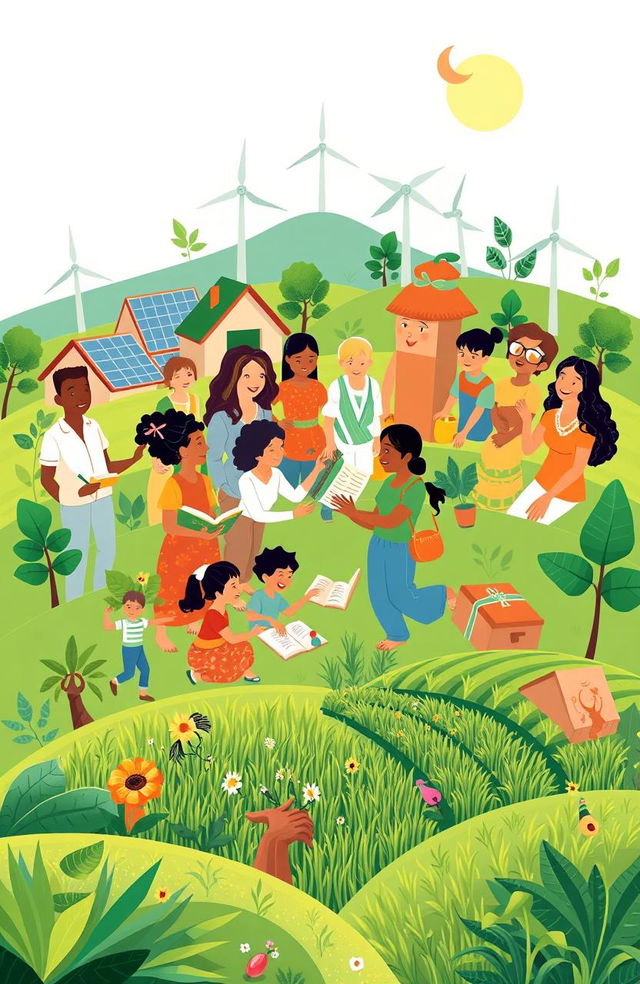 A visually engaging and informative illustration that symbolizes sustainable development, featuring a harmonious blend of social, economic, and educational elements
