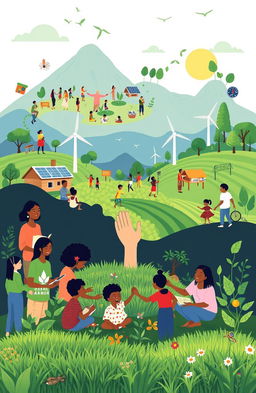 A visually engaging and informative illustration that symbolizes sustainable development, featuring a harmonious blend of social, economic, and educational elements