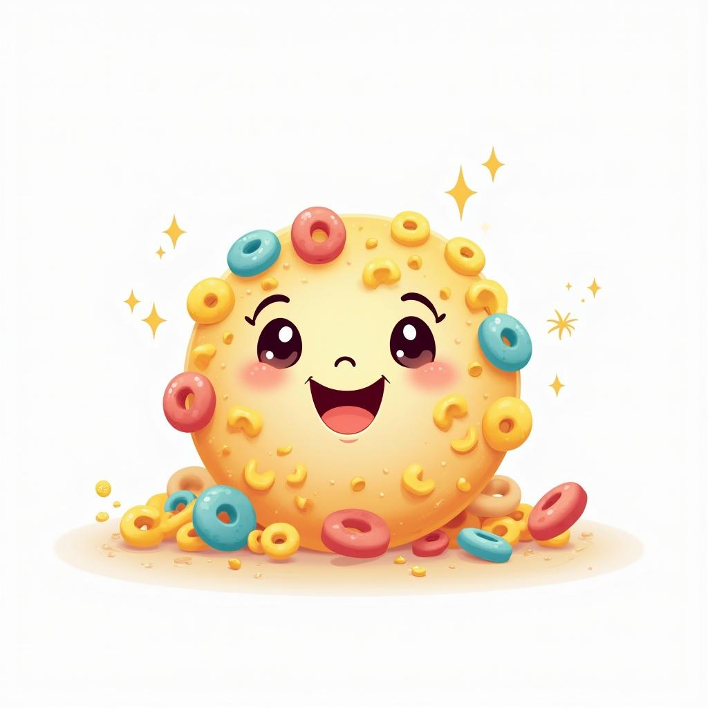 An illustration of a cute breakfast cereal character, featuring a colorful mix of round cereal pieces with a light, inviting texture