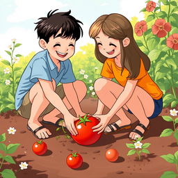 A whimsical illustration of two people crouching down to pick up the same tomato from the ground