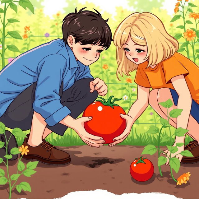A whimsical illustration of two people crouching down to pick up the same tomato from the ground