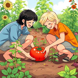 A whimsical illustration of two people crouching down to pick up the same tomato from the ground