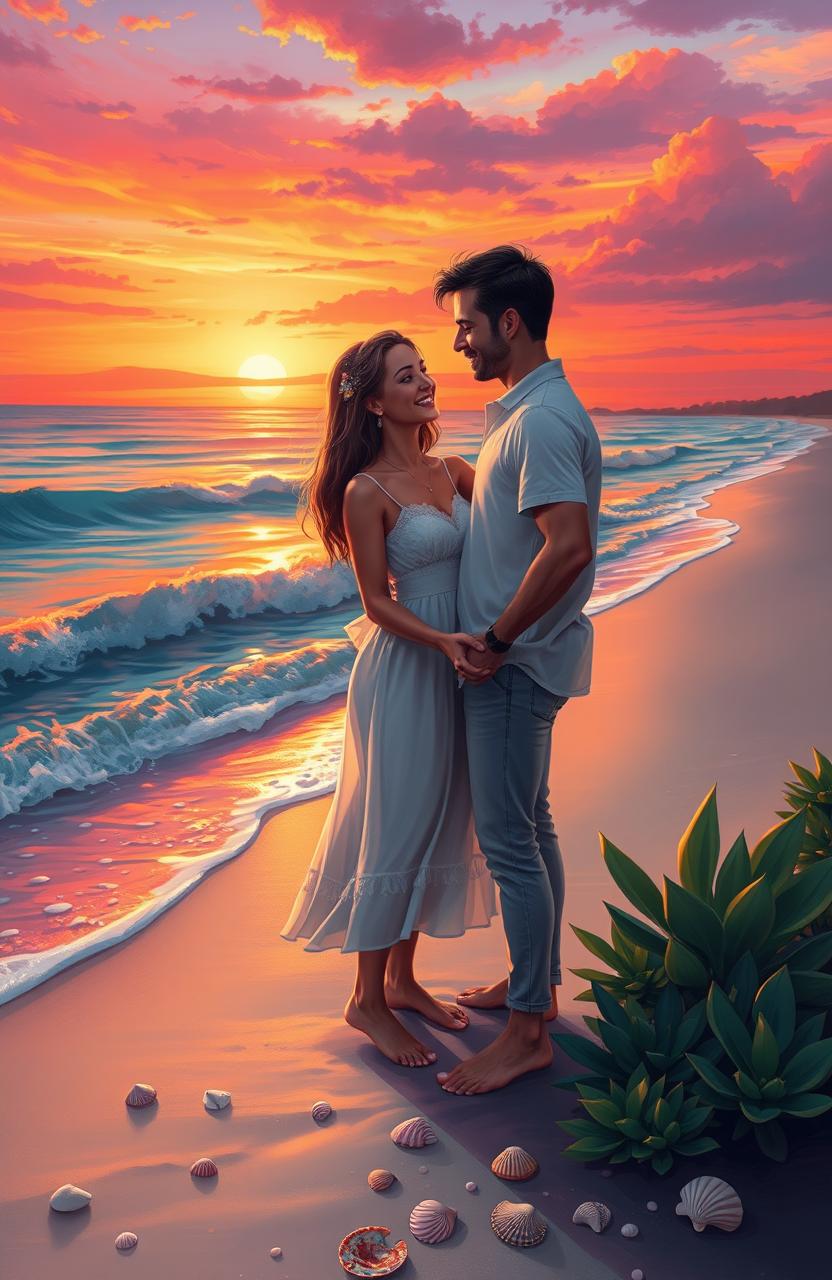 A digital painting of a beautiful couple sharing a romantic moment beside the sea during sunset
