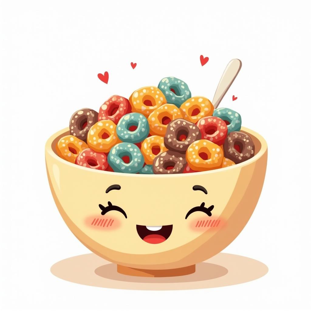 An charming illustration of a cute breakfast bowl filled with colorful integral cereals, featuring a joyful smiling face and large, dreamy eyes full of delight