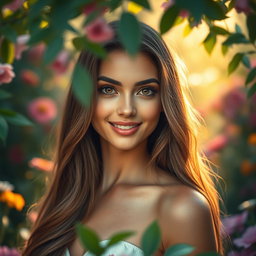 A stunning portrait of a beautiful woman with long flowing hair, radiant skin, and captivating eyes