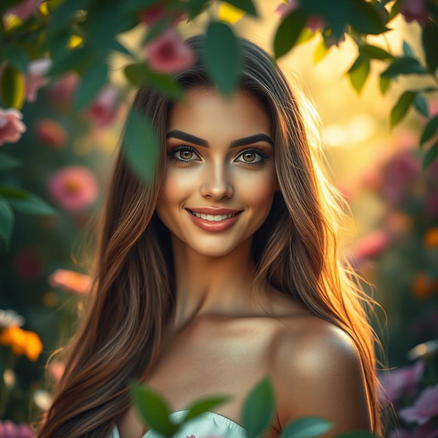 A stunning portrait of a beautiful woman with long flowing hair, radiant skin, and captivating eyes