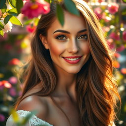 A stunning portrait of a beautiful woman with long flowing hair, radiant skin, and captivating eyes