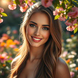 A stunning portrait of a beautiful woman with long flowing hair, radiant skin, and captivating eyes