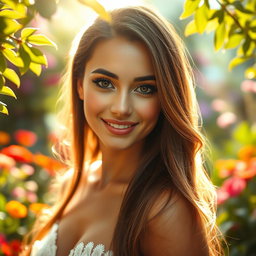 A stunning portrait of a beautiful woman with long flowing hair, radiant skin, and captivating eyes