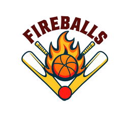 A spirited cricket team logo for the 'Fireballs'