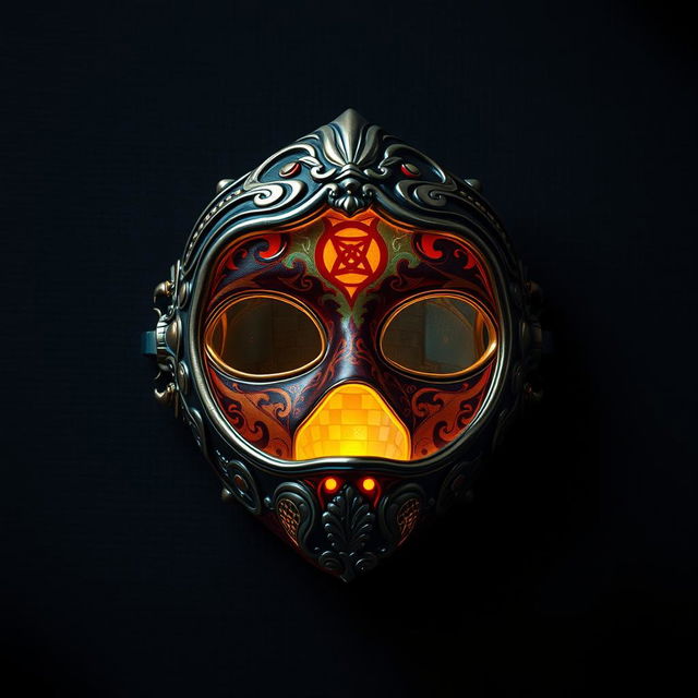 An artistic representation of an open mask, revealing intricate designs and vibrant colors