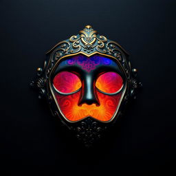 An artistic representation of an open mask, revealing intricate designs and vibrant colors