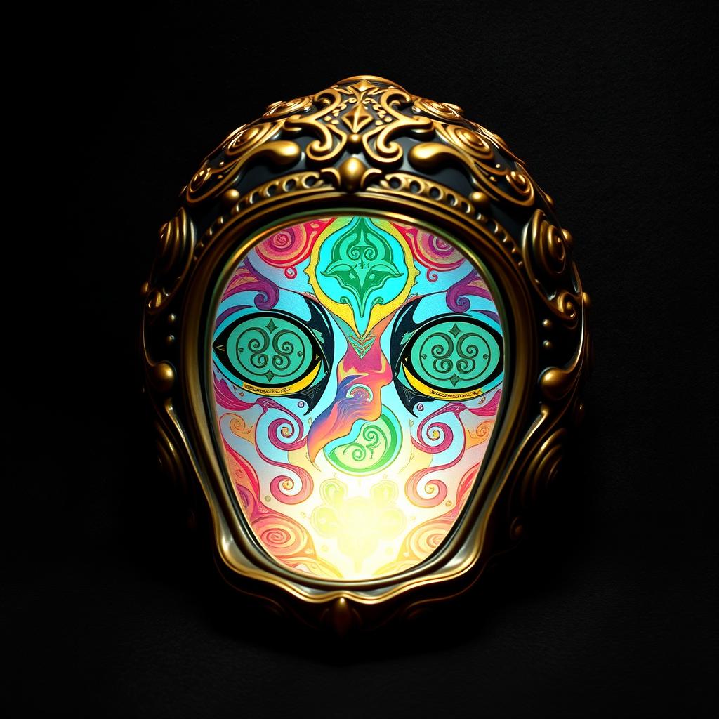 An artistic representation of an open mask, revealing intricate designs and vibrant colors