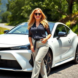 A curvy blonde woman in her 40s, dressed in a stylish outfit, confidently leaning against a sleek modern Toyota car