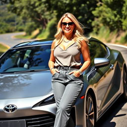 A curvy blonde woman in her 40s, dressed in a stylish outfit, confidently leaning against a sleek modern Toyota car
