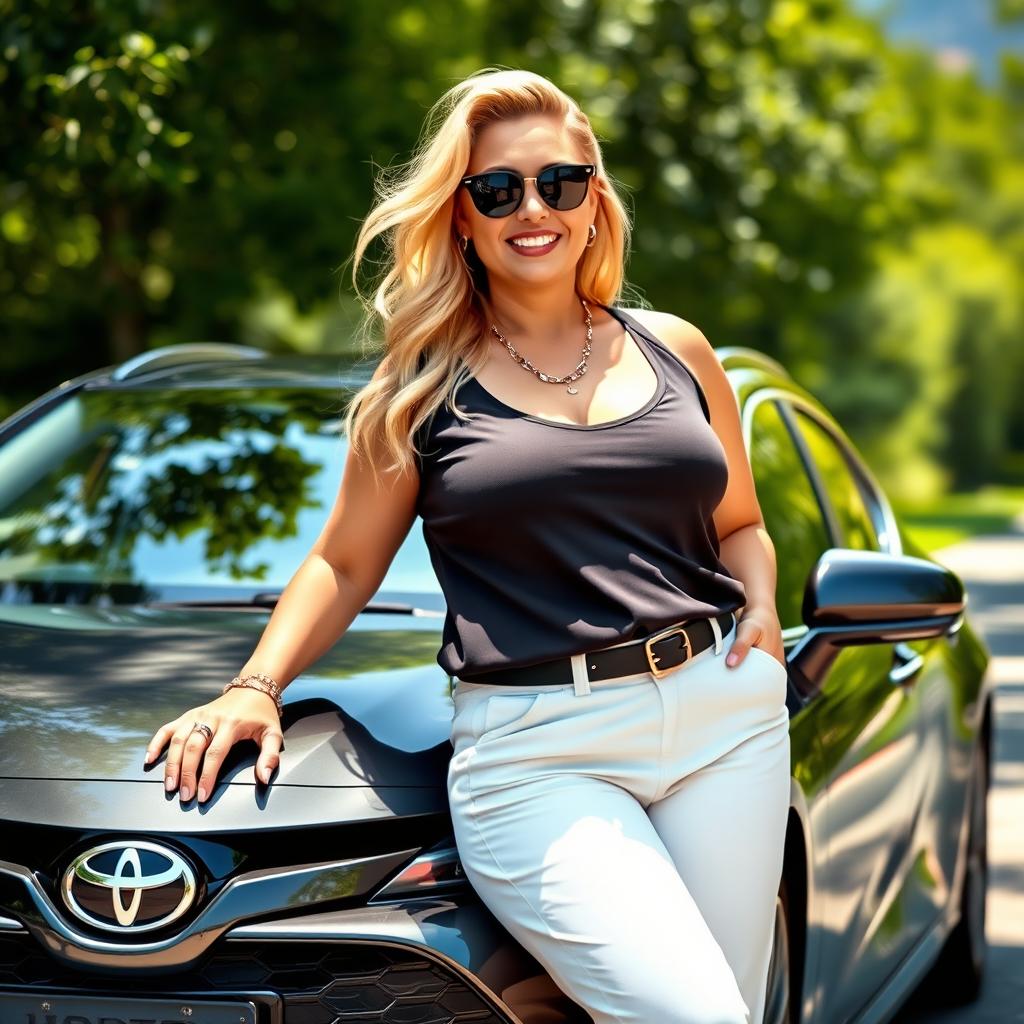 A curvy blonde woman in her 40s, dressed in a stylish outfit, confidently leaning against a sleek modern Toyota car