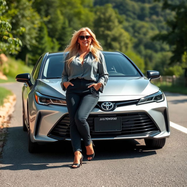 A curvy blonde woman in her 40s, dressed in a stylish outfit, confidently leaning against a sleek modern Toyota car