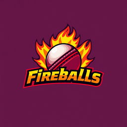 A vibrant and dynamic logo for a cricket team named 'Fireballs'
