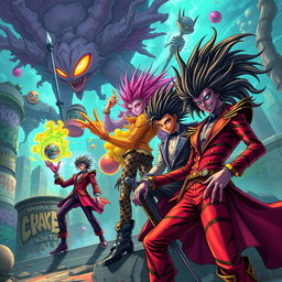 A surreal, vibrant scene inspired by the art style of JoJo's Bizarre Adventure, featuring fantastical characters with striking hairstyles and exaggerated poses