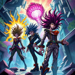 A surreal, vibrant scene inspired by the art style of JoJo's Bizarre Adventure, featuring fantastical characters with striking hairstyles and exaggerated poses