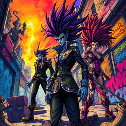 A surreal, vibrant scene inspired by the art style of JoJo's Bizarre Adventure, featuring fantastical characters with striking hairstyles and exaggerated poses