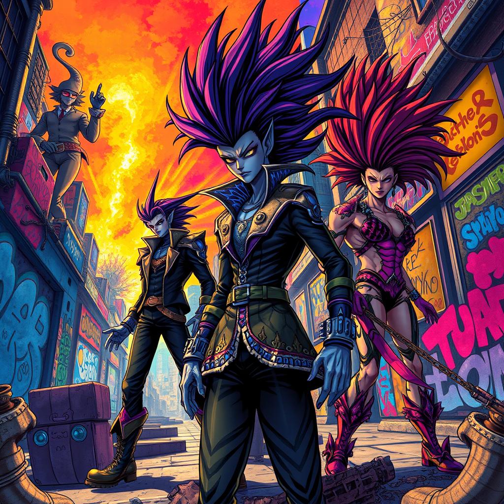 A surreal, vibrant scene inspired by the art style of JoJo's Bizarre Adventure, featuring fantastical characters with striking hairstyles and exaggerated poses